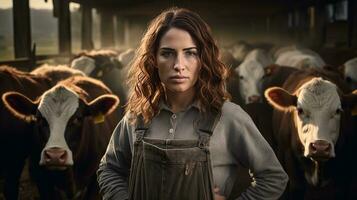 Happy female farmer standing with cows at the cattle farm.Female farmer raising cows photo