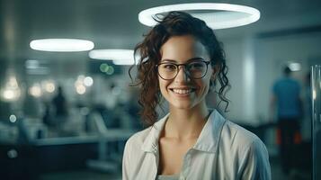 Beautiful woman, businessman Happy person wearing glasses and looking at camera Closeup of smiling woman's face successful woman photo