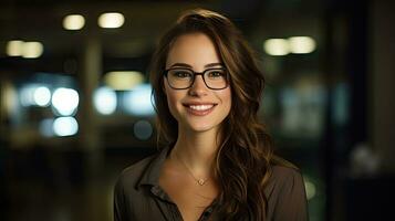 Beautiful woman, businessman Happy person wearing glasses and looking at camera Closeup of smiling woman's face successful woman photo