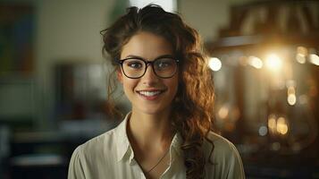 Beautiful woman, businessman Happy person wearing glasses and looking at camera Closeup of smiling woman's face successful woman photo