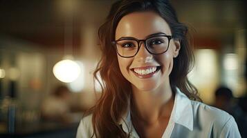 Beautiful woman, businessman Happy person wearing glasses and looking at camera Closeup of smiling woman's face successful woman photo