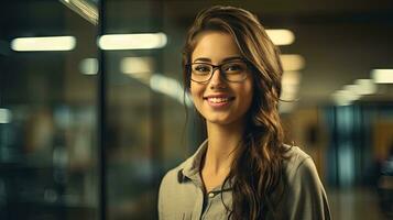 Beautiful woman, businessman Happy person wearing glasses and looking at camera Closeup of smiling woman's face successful woman photo