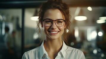 Beautiful woman, businessman Happy person wearing glasses and looking at camera Closeup of smiling woman's face successful woman photo