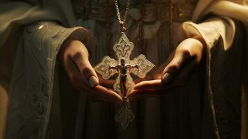 mujer manos con un cruzar. fe. cristiandad. religión. iglesia. cruzar. foto