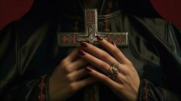 mujer manos con un cruzar. fe. cristiandad. religión. iglesia. cruzar. foto