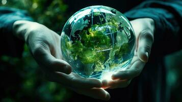 Hand holding a globe ball, growing trees and green nature blurred background. Ecological concept love the environment photo