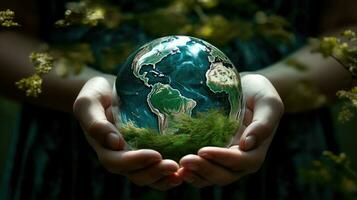 Hand holding a globe ball, growing trees and green nature blurred background. Ecological concept love the environment photo