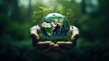 Hand holding a globe ball, growing trees and green nature blurred background. Ecological concept love the environment photo