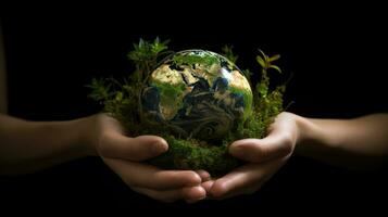 Hand holding a globe ball, growing trees and green nature blurred background. Ecological concept love the environment photo