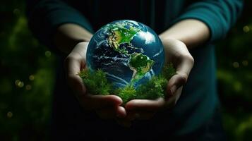 Hand holding a globe ball, growing trees and green nature blurred background. Ecological concept love the environment photo