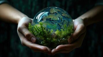 Hand holding a globe ball, growing trees and green nature blurred background. Ecological concept love the environment photo