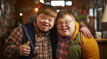 Happy young man with Down syndrome and his mentor friend celebrate success photo