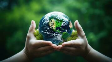 Hand holding a globe ball, growing trees and green nature blurred background. Ecological concept love the environment photo