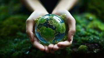 Hand holding a globe ball, growing trees and green nature blurred background. Ecological concept love the environment photo