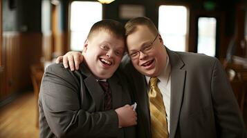 Happy young man with Down syndrome and his mentor friend celebrate success photo