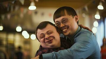 Happy young man with Down syndrome and his mentor friend celebrate success photo