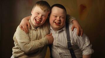 Happy young man with Down syndrome and his mentor friend celebrate success photo