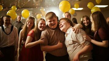 Happy young man with Down syndrome and his mentor friend celebrate success photo