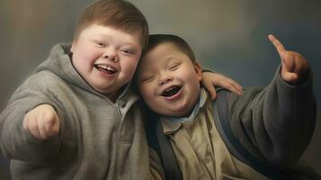 Happy young man with Down syndrome and his mentor friend celebrate success photo