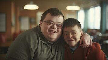 Happy young man with Down syndrome and his mentor friend celebrate success photo