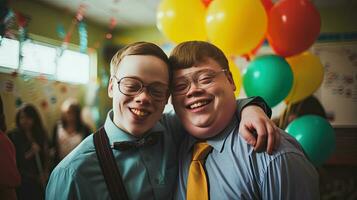 contento joven hombre con abajo síndrome y su mentor amigo celebrar éxito foto