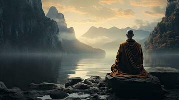 monjes en meditación tibetano monje desde detrás sentado en un rock cerca el agua entre brumoso montañas foto