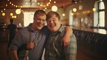 Happy young man with Down syndrome and his mentor friend celebrate success photo