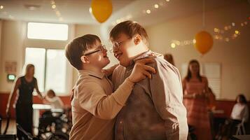 Happy young man with Down syndrome and his mentor friend celebrate success photo