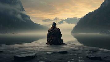 monjes en meditación tibetano monje desde detrás sentado en un rock cerca el agua entre brumoso montañas foto