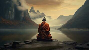 monks in meditation Tibetan monk from behind sitting on a rock near the water among misty mountains photo