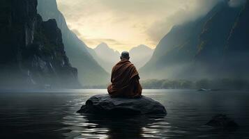 monks in meditation Tibetan monk from behind sitting on a rock near the water among misty mountains photo