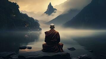 monks in meditation Tibetan monk from behind sitting on a rock near the water among misty mountains photo