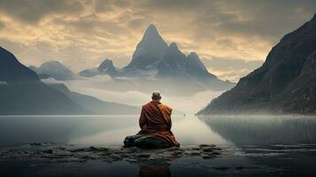 monjes en meditación tibetano monje desde detrás sentado en un rock cerca el agua entre brumoso montañas foto