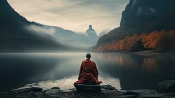 monjes en meditación tibetano monje desde detrás sentado en un rock cerca el agua entre brumoso montañas foto