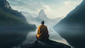 monjes en meditación tibetano monje desde detrás sentado en un rock cerca el agua entre brumoso montañas foto