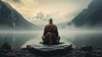 monks in meditation Tibetan monk from behind sitting on a rock near the water among misty mountains photo