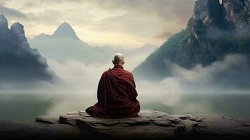 monks in meditation Tibetan monk from behind sitting on a rock near the water among misty mountains photo