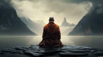 monks in meditation Tibetan monk from behind sitting on a rock near the water among misty mountains photo