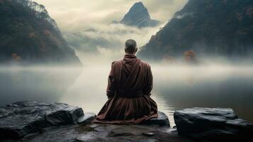 monks in meditation Tibetan monk from behind sitting on a rock near the water among misty mountains photo