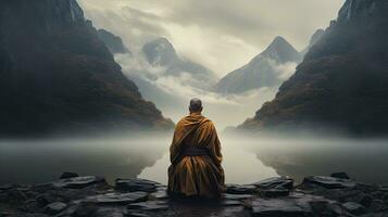 monjes en meditación tibetano monje desde detrás sentado en un rock cerca el agua entre brumoso montañas foto