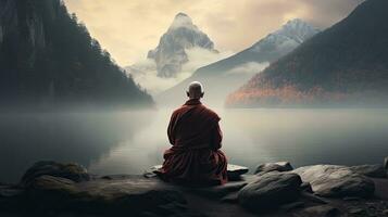 monjes en meditación tibetano monje desde detrás sentado en un rock cerca el agua entre brumoso montañas foto