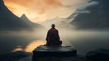 monjes en meditación tibetano monje desde detrás sentado en un rock cerca el agua entre brumoso montañas foto