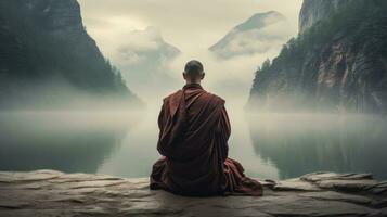 monks in meditation Tibetan monk from behind sitting on a rock near the water among misty mountains photo