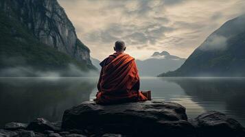 monjes en meditación tibetano monje desde detrás sentado en un rock cerca el agua entre brumoso montañas foto