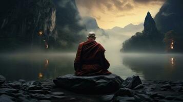 monks in meditation Tibetan monk from behind sitting on a rock near the water among misty mountains photo