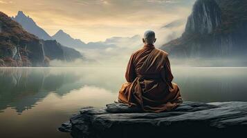 monks in meditation Tibetan monk from behind sitting on a rock near the water among misty mountains photo