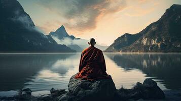 monjes en meditación tibetano monje desde detrás sentado en un rock cerca el agua entre brumoso montañas foto