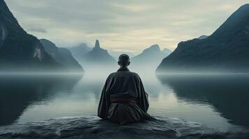 monjes en meditación tibetano monje desde detrás sentado en un rock cerca el agua entre brumoso montañas foto