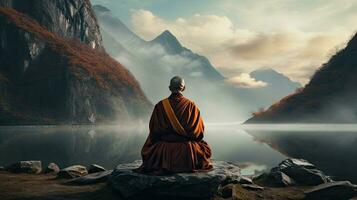 monjes en meditación tibetano monje desde detrás sentado en un rock cerca el agua entre brumoso montañas foto