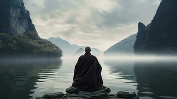 monjes en meditación tibetano monje desde detrás sentado en un rock cerca el agua entre brumoso montañas foto